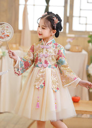 New Champagne Stand Collar Embroideried Tulle Girls Maxi Dresses Spring