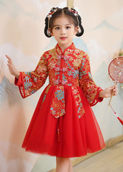 New Champagne Stand Collar Embroideried Tulle Girls Maxi Dresses Spring