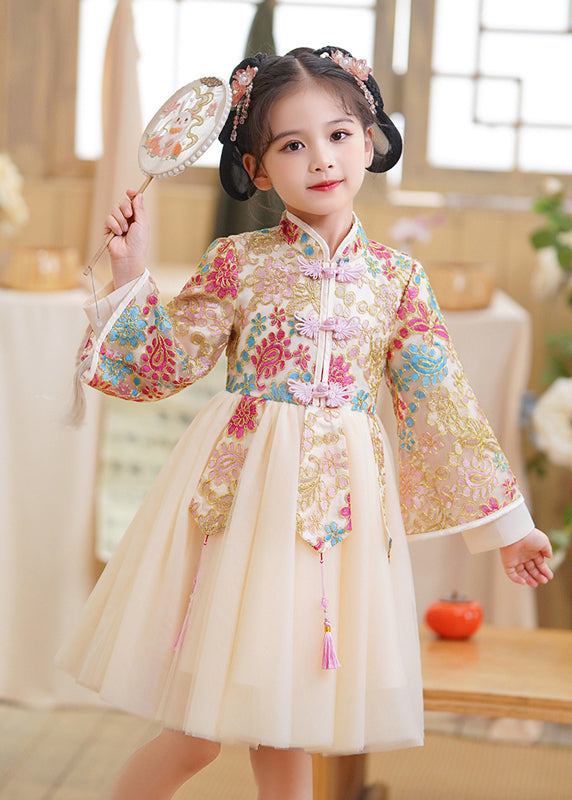 New Champagne Stand Collar Embroideried Tulle Girls Maxi Dresses Spring