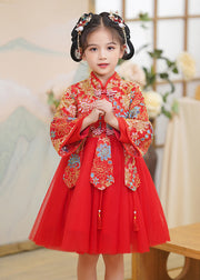 New Champagne Stand Collar Embroideried Tulle Girls Maxi Dresses Spring