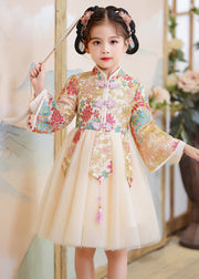 New Champagne Stand Collar Embroideried Tulle Girls Maxi Dresses Spring