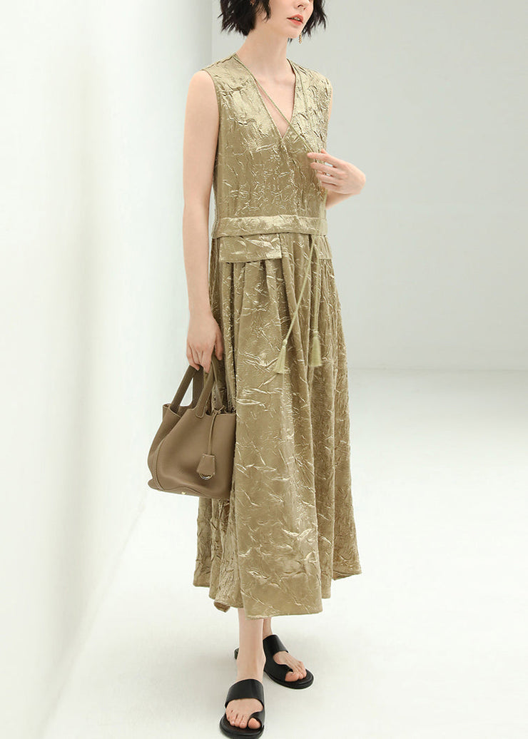 New Champagne V Neck Tasseled Silk Long Dresses Sleeveless