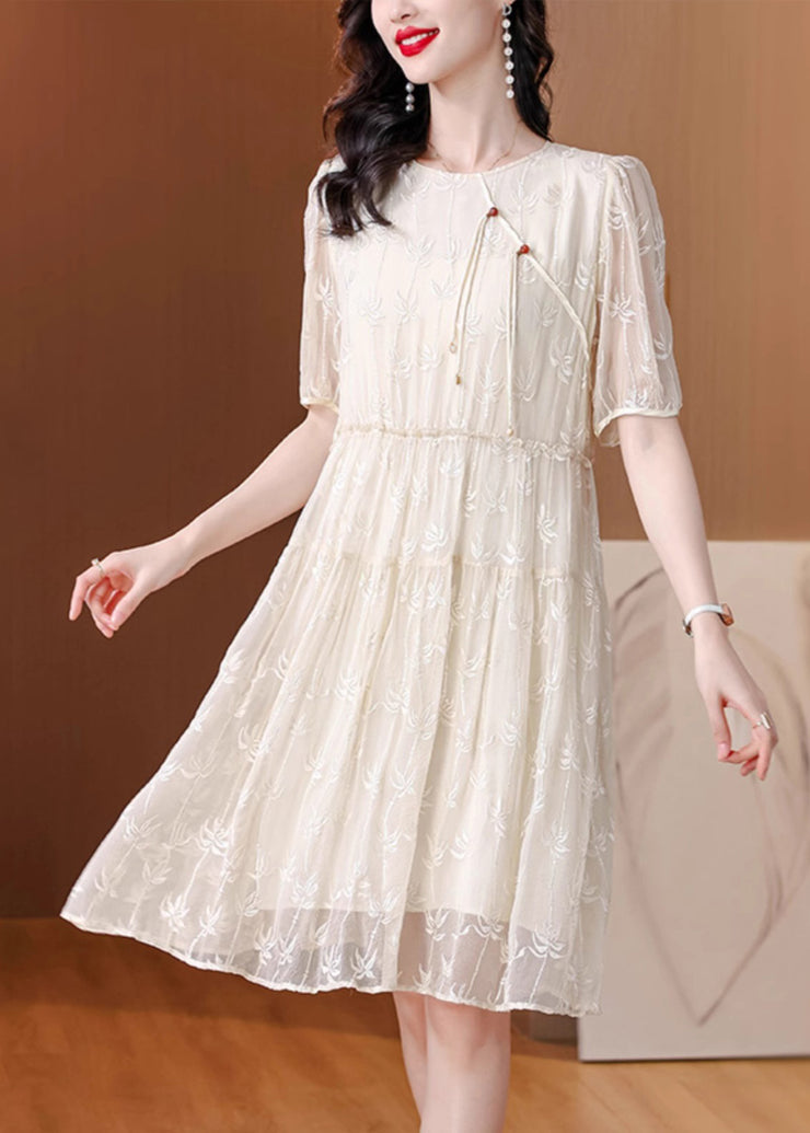 New Chinese Style Beige Embroidered Silk Dresses Summer
