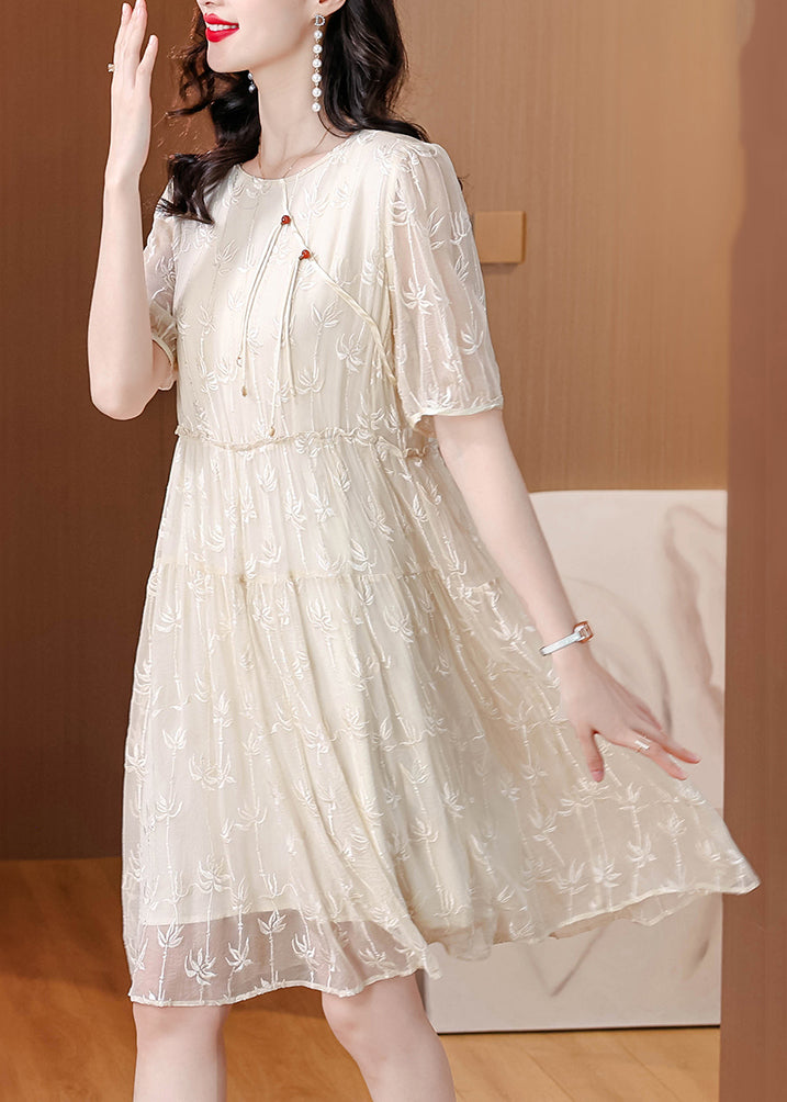 New Chinese Style Beige Embroidered Silk Dresses Summer