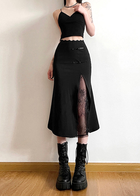 New Chinese Style Black Lace Patchwork Slit Skirt Summer