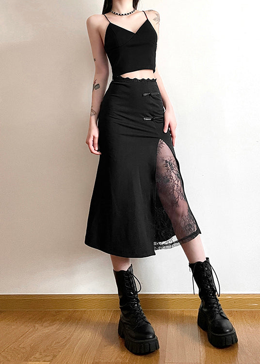 New Chinese Style Black Lace Patchwork Slit Skirt Summer