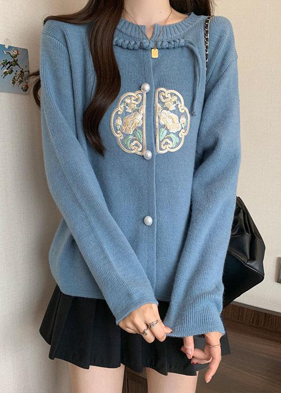 New Chinese Style Blue O-Neck Tassel Knit Coats Fall