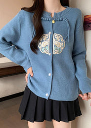 New Chinese Style Blue O-Neck Tassel Knit Coats Fall