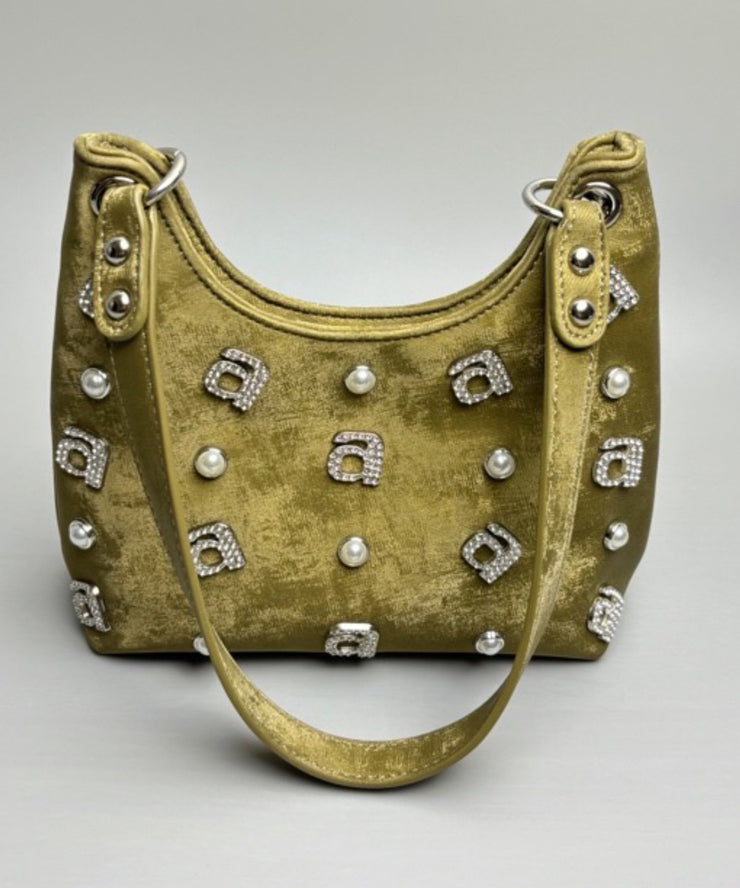 New Chinese Style Green Silk Rhinestone Letter Shoulder Bag