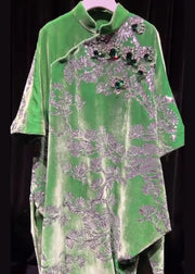 New Chinese Style Green Stand Collar Gilding Asymmetrical Design Dress Summer