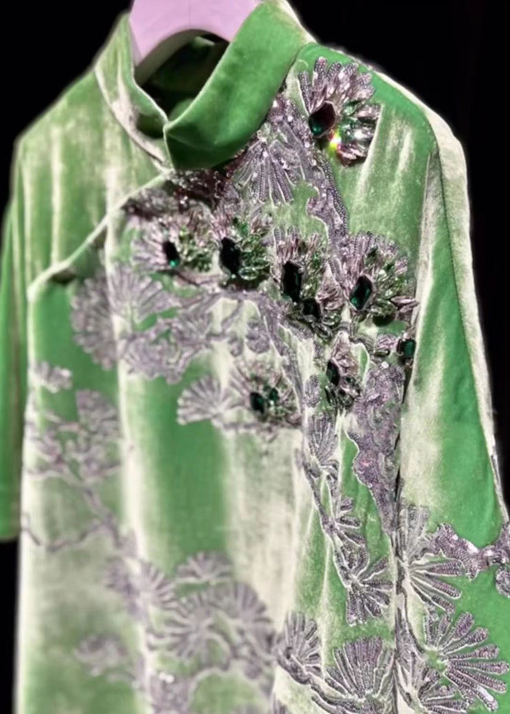 New Chinese Style Green Stand Collar Gilding Asymmetrical Design Dress Summer