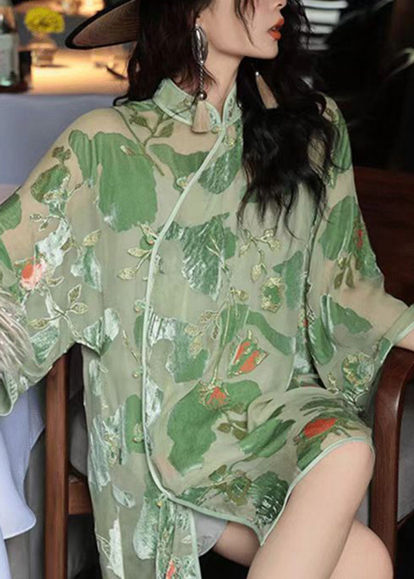 New Chinese Style Green Stand Collar Print Shirt Top Summer