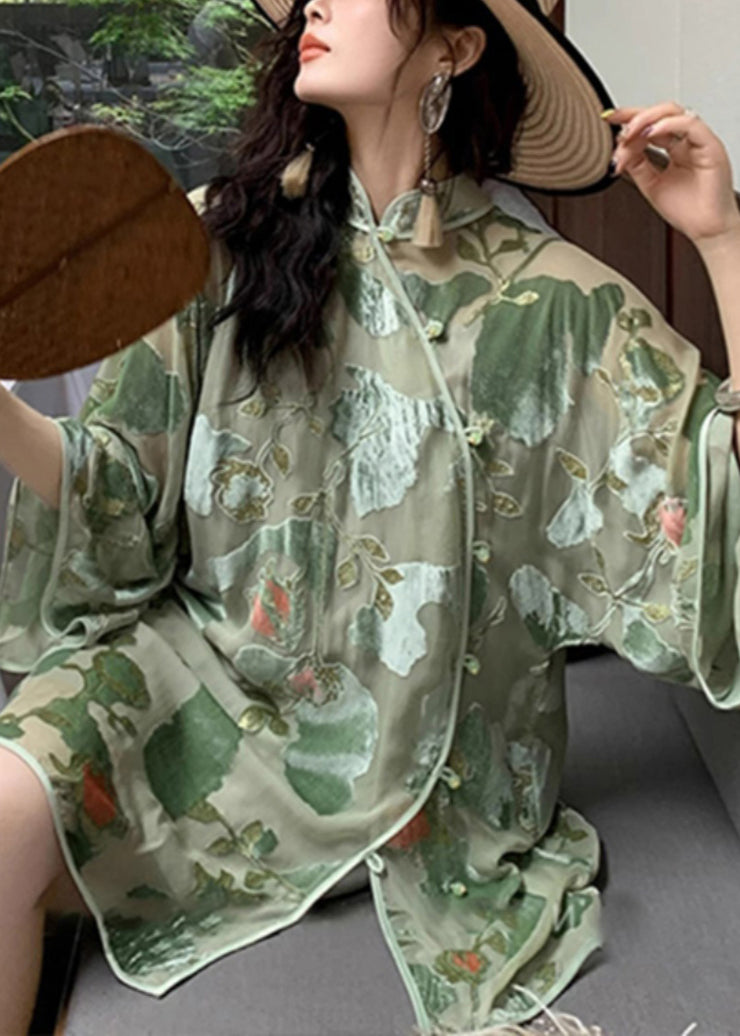 New Chinese Style Green Stand Collar Print Shirt Top Summer