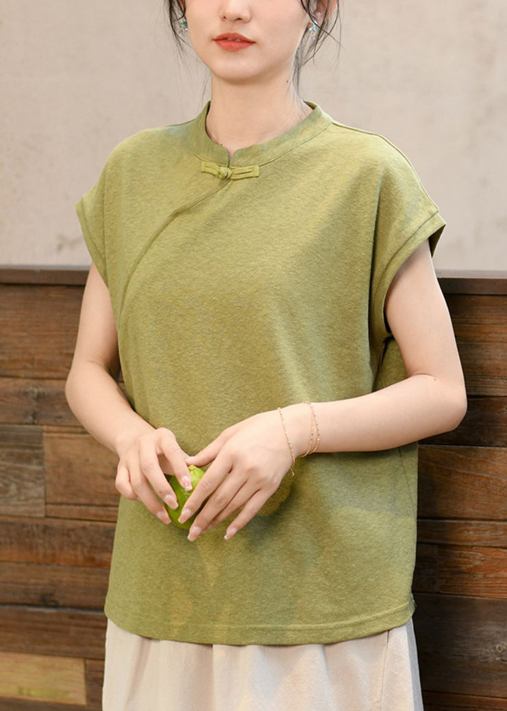 New Chinese Style Green Stand Collar T Shirt Short Sleeved
