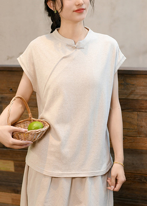 New Chinese Style Green Stand Collar T Shirt Short Sleeved