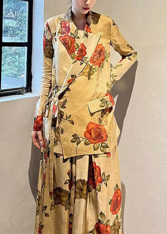 New Chinese Style Notched Rose Print Cotton Two Pieces Spring