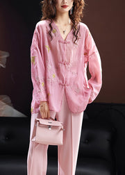 New Chinese Style Pink V Neck Embroidered Organza Coat Top Fall