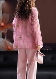 New Chinese Style Pink V Neck Embroidered Organza Coat Top Fall