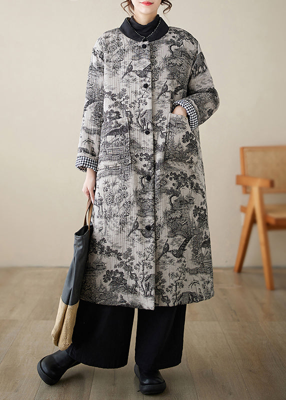 New Chinese Style Shui Ink Printed Pockets Cotton Filling Coat Winter