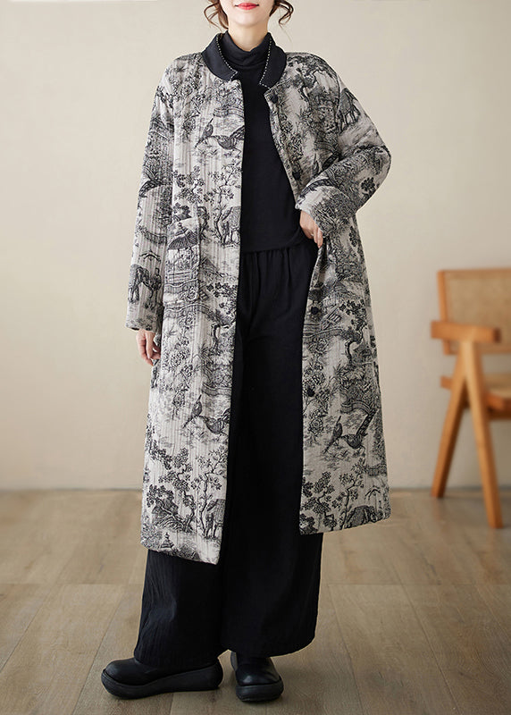 New Chinese Style Shui Ink Printed Pockets Cotton Filling Coat Winter