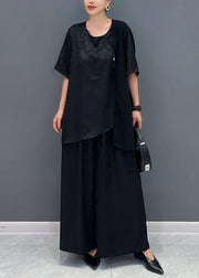 New Chinese Style Silk Jacquard Top And Wide Leg Pants Two Piece Set