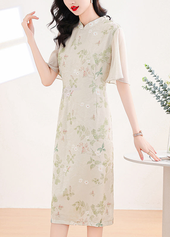 New Chinese Style Stand Collar Print Chiffon Dress Butterfly Sleeve