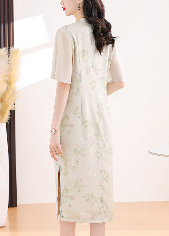 New Chinese Style Stand Collar Print Chiffon Dress Butterfly Sleeve
