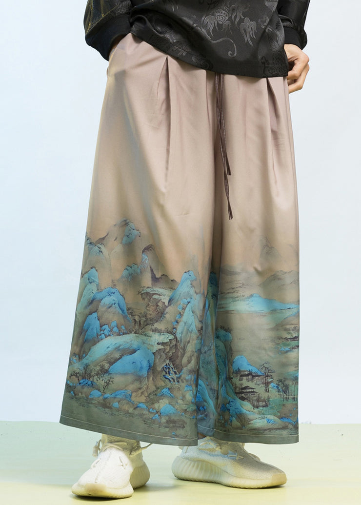 New Chinese Style Thousand Mile Jiangshan Printed Men Wide Leg Pants