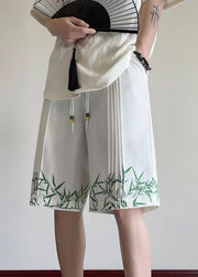 New Chinese Style White Bamboo Print Ice Silk Shorts Men Summer