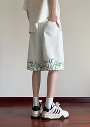 New Chinese Style White Bamboo Print Ice Silk Shorts Men Summer