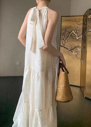 New Chinese Style White Embroidered Halter Cotton Dresses Summer