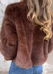 New Chocolate Hign Neck Zippered Faux Fur Coats Fall