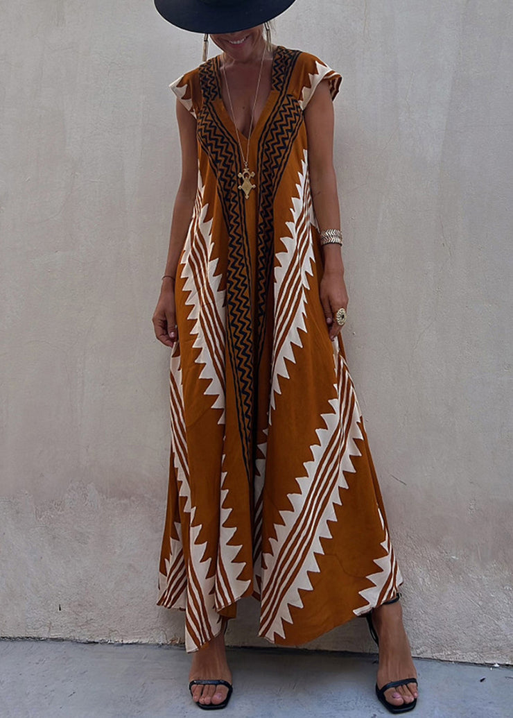 New Coffee Asymmetrical Print Chiffon Long Dresses Summer