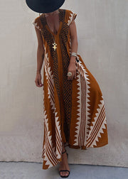 New Coffee Asymmetrical Print Chiffon Long Dresses Summer