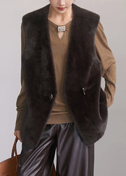 New Coffee Button Pockets Leather And Fur Waistcoat Sleeveless