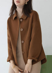 New Coffee Button Pockets Patchwork Woolen Coat Long Sleeve