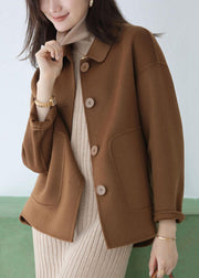 New Coffee Button Pockets Patchwork Woolen Coat Long Sleeve