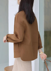 New Coffee Button Pockets Patchwork Woolen Coat Long Sleeve