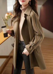 New Coffee Button Tie Waist Patchwork Woolen Coats Fall