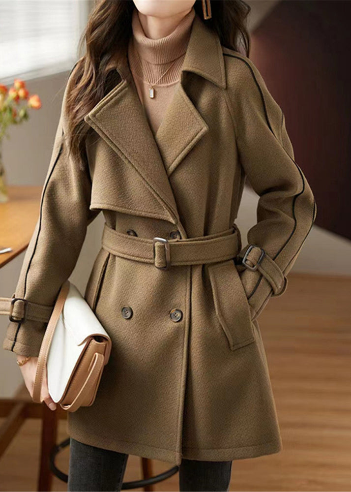 New Coffee Button Tie Waist Patchwork Woolen Coats Fall