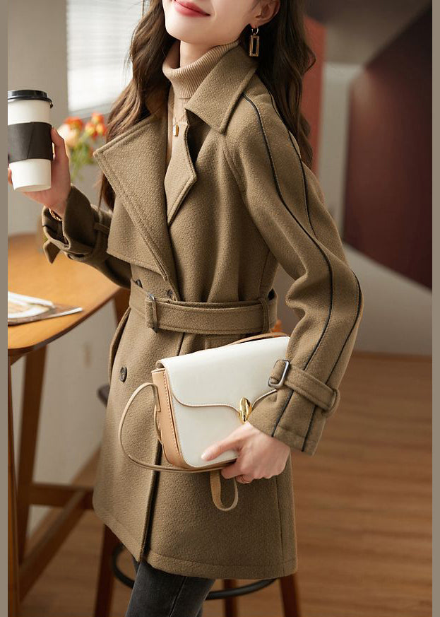 New Coffee Button Tie Waist Patchwork Woolen Coats Fall