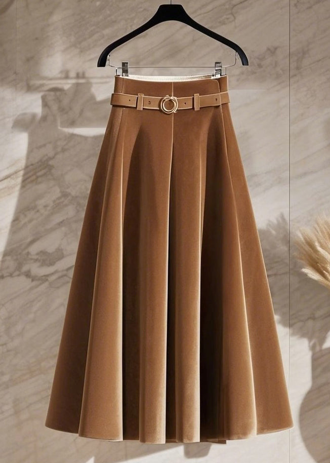 New Coffee High Waist Solid Silk Velvet Skirts Spring