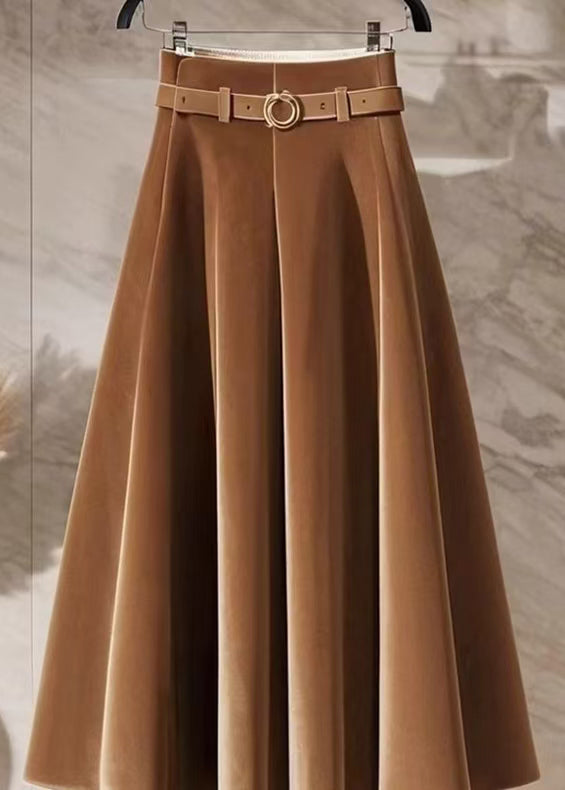 New Coffee High Waist Solid Silk Velvet Skirts Spring