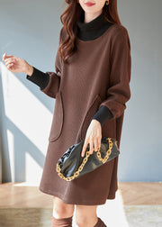 New Coffee Hign Neck Pockets Patchwork Warm Fleece Dresses Winter