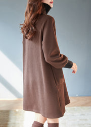 New Coffee Hign Neck Pockets Patchwork Warm Fleece Dresses Winter