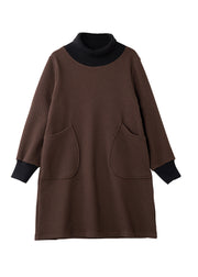 New Coffee Hign Neck Pockets Patchwork Warm Fleece Dresses Winter