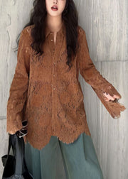 New Coffee Hollow Out Button Lace Blouses Flare Sleeve