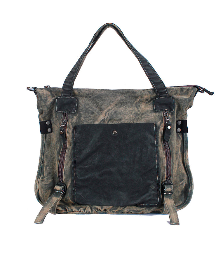New Coffee Large Capacity Cowhide Spliced Canvas Satchel Bag Handbag