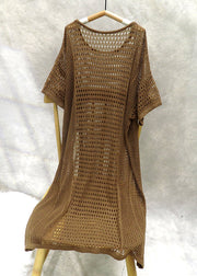 New Coffee O Neck Hollow Out Side Open Knit Mid Dress Summer