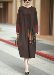 New Coffee O Neck Patchwork Knit Long Dress Winter